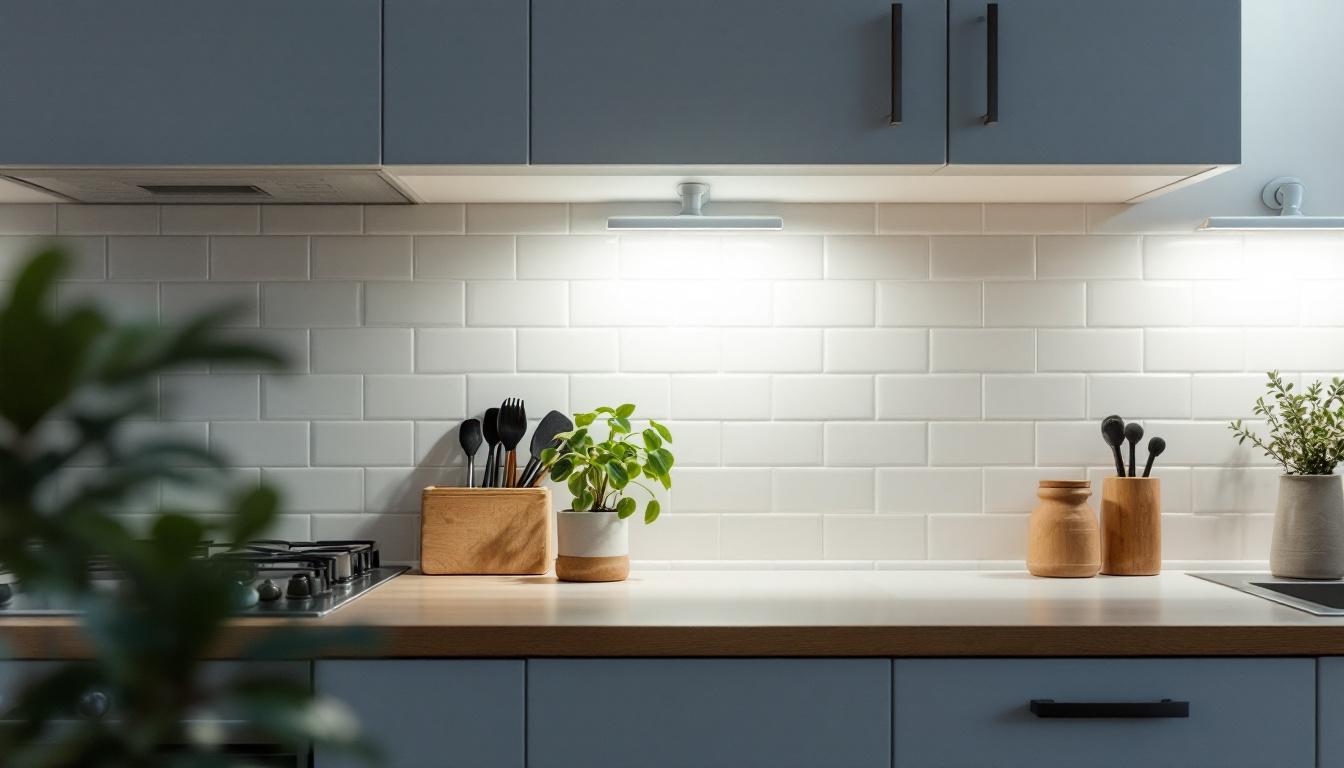 A photograph of a well-lit kitchen scene featuring under cabinet mounted lights