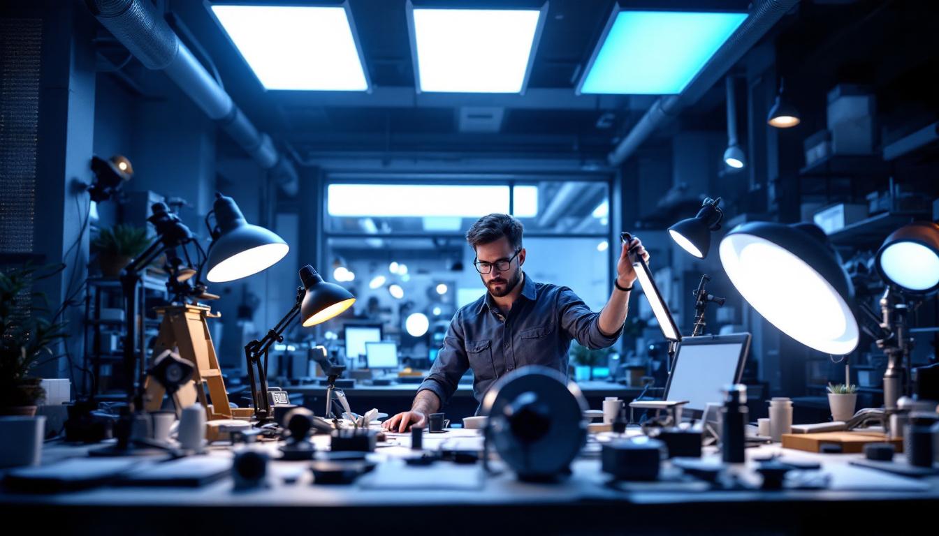 A photograph of a well-lit engineering workspace featuring various innovative lighting products in use