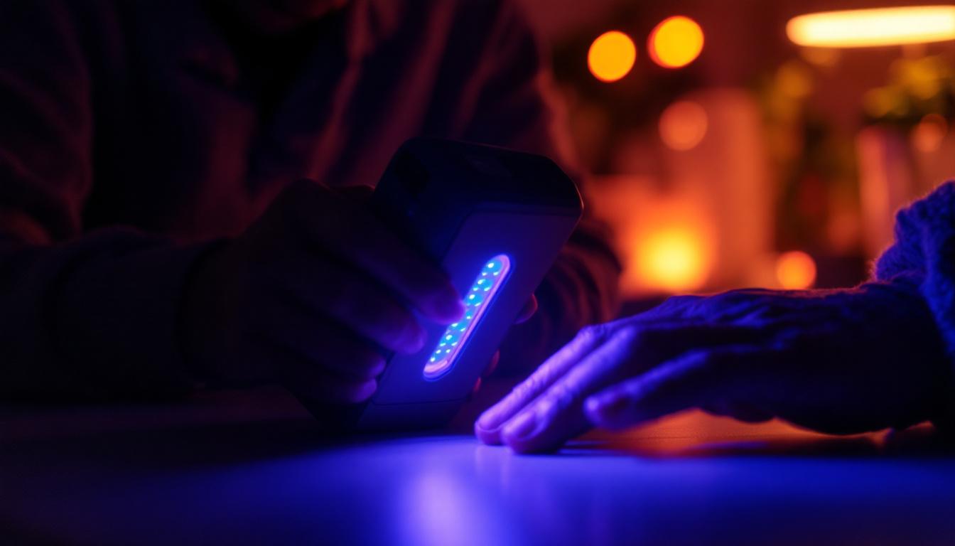 A photograph of a portable uv lighting device in use