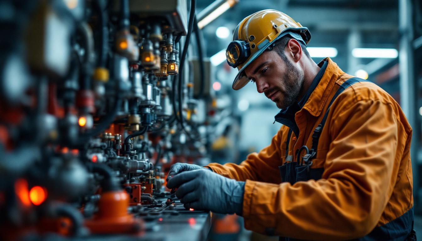 A photograph of a skilled electrical engineer inspecting or operating various tugging equipment