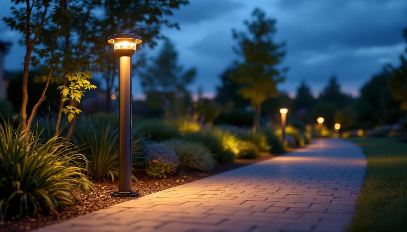 A photograph of a beautifully illuminated bollard pathway light in a landscaped outdoor setting at dusk