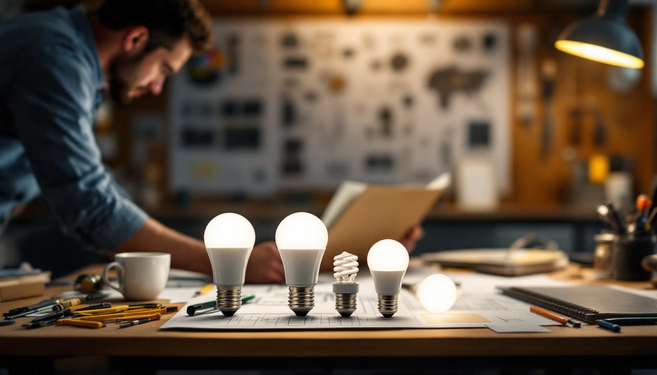 A photograph of a variety of type b light bulbs displayed alongside an electrical engineer examining their specifications