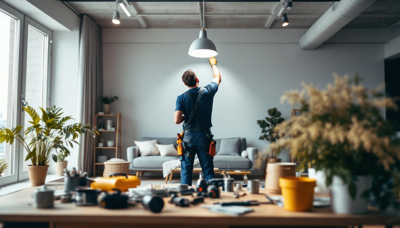 A photograph of a skilled electrician installing can lights in a spacious