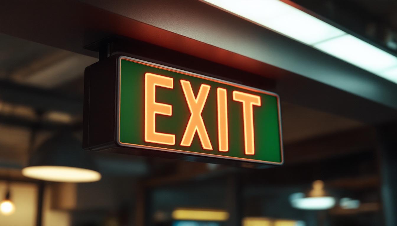 A photograph of a well-lit exit sign in a commercial or public space