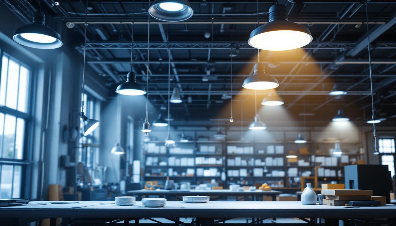 A photograph of a well-lit industrial workspace showcasing various types of lighting fixtures in use