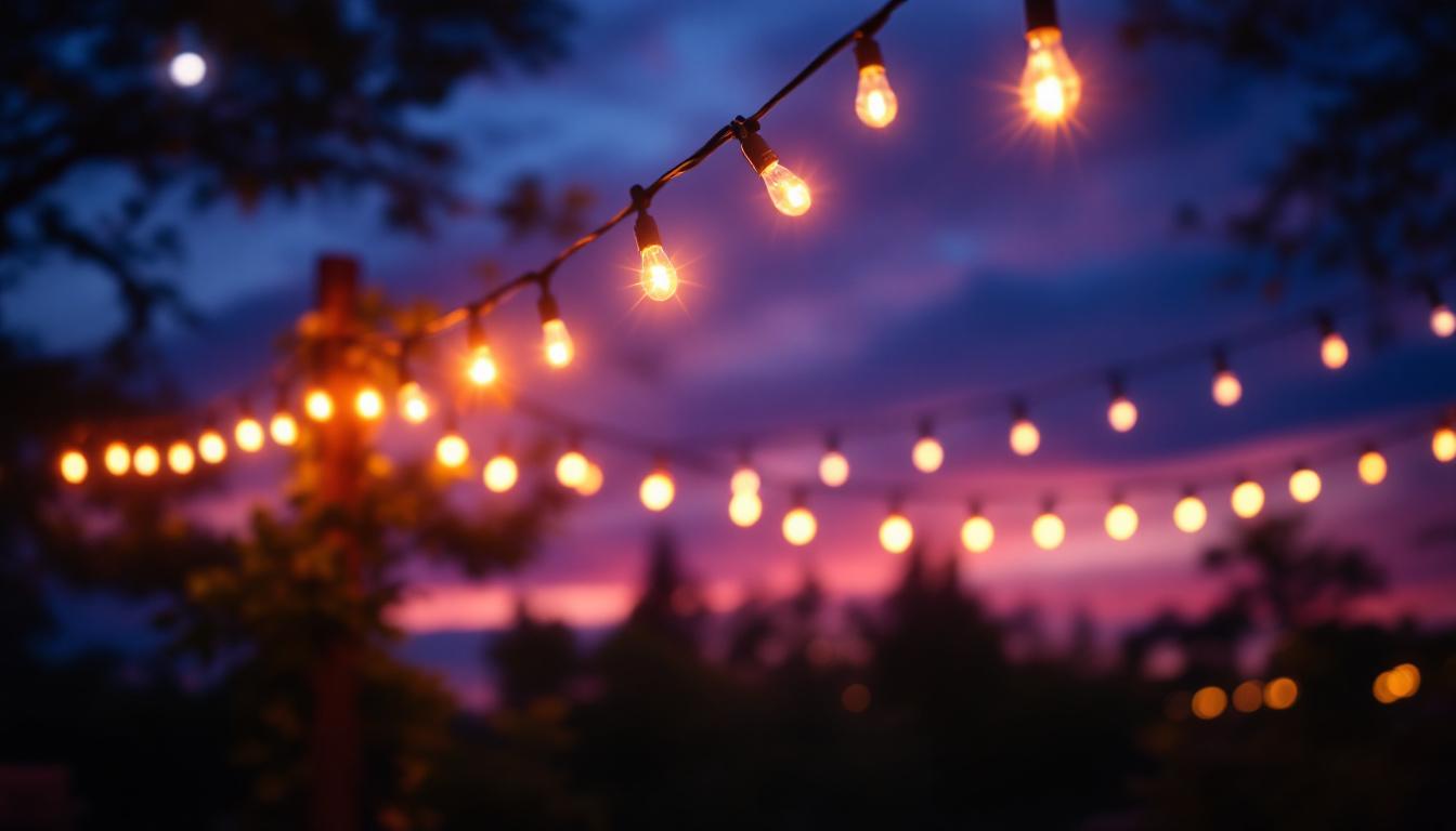 A photograph of a cozy outdoor setting adorned with string lights