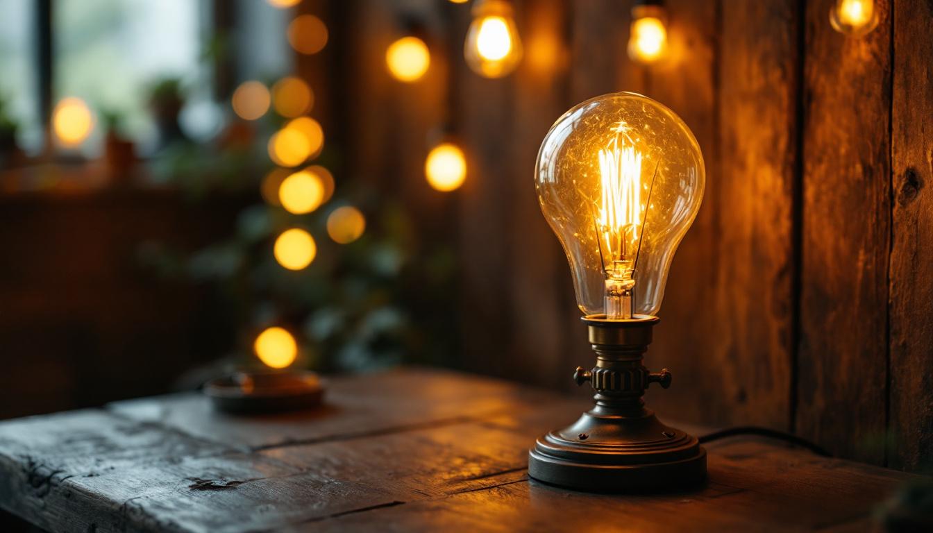 A photograph of an antique led lamp beautifully illuminated in a cozy