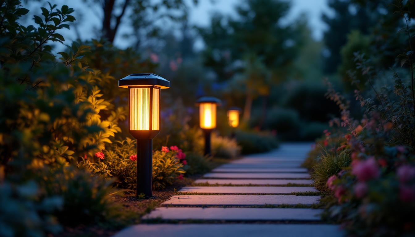 A photograph of a beautifully designed solar-powered yard lantern illuminating a garden setting at dusk