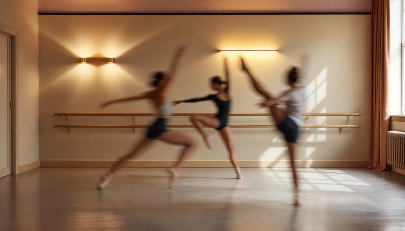 A photograph of a beautifully designed ballet studio wall fixture in action