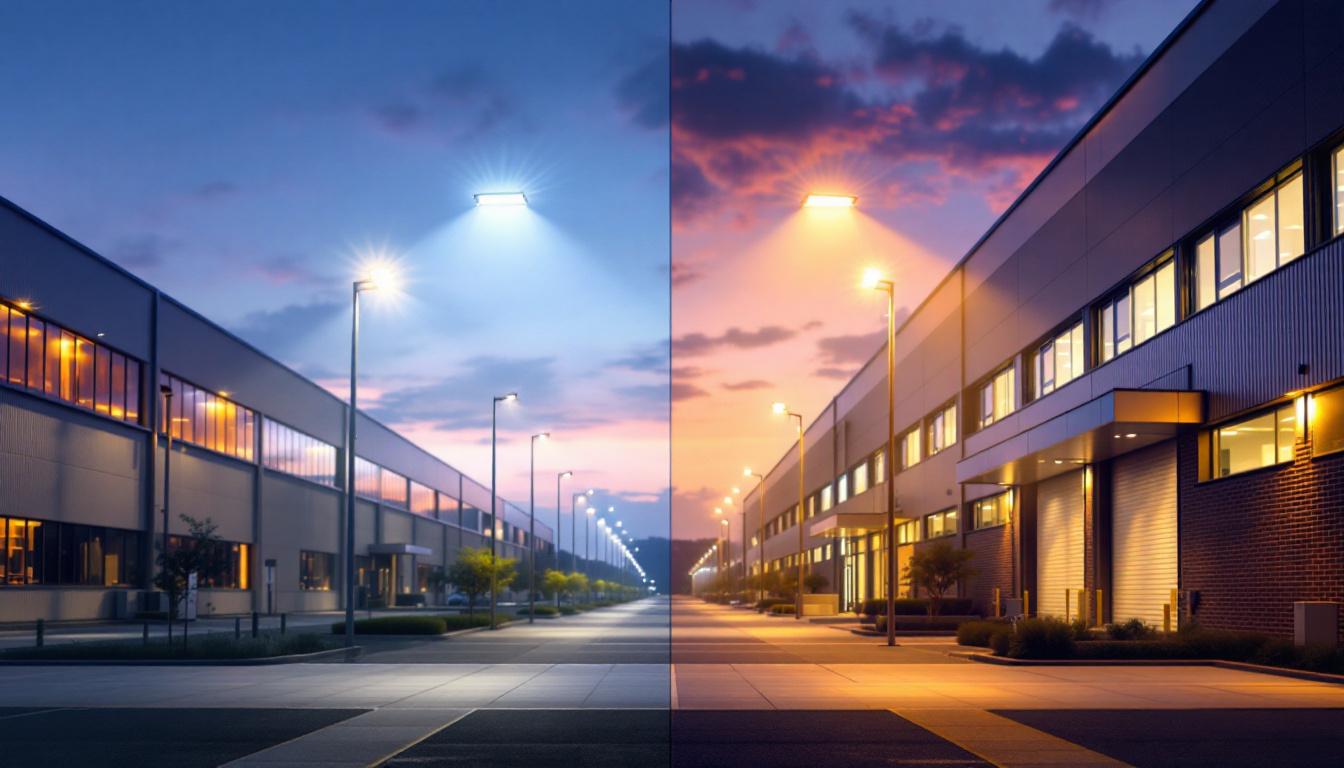 A photograph of a side-by-side comparison of industrial and commercial exterior led lighting setups