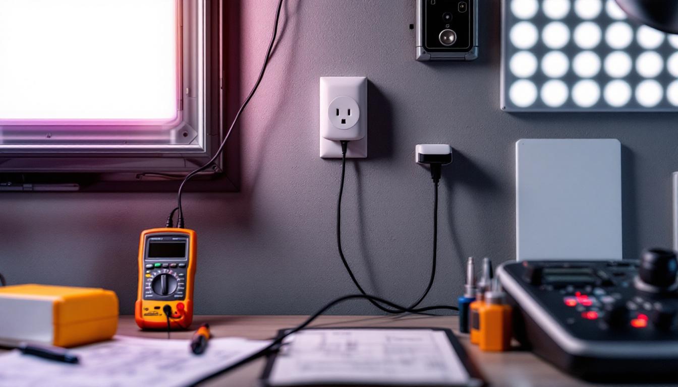 A photograph of a well-organized workspace featuring a wall outlet charger surrounded by essential lighting engineering tools