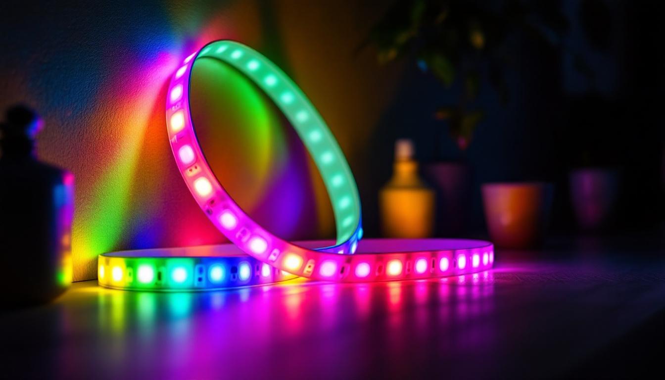 A photograph of a vibrant led lightstrip illuminating a space
