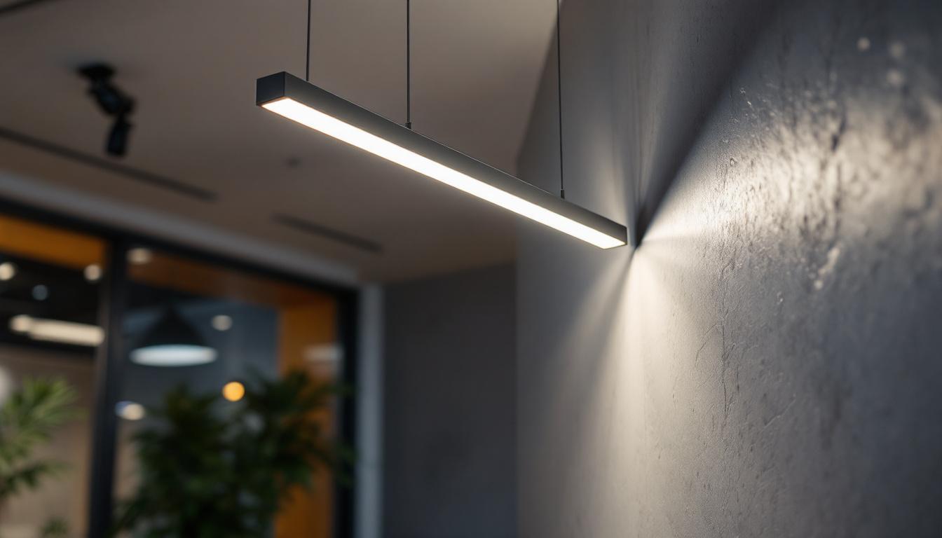 A photograph of a modern linear led fixture installed in a well-lit commercial space