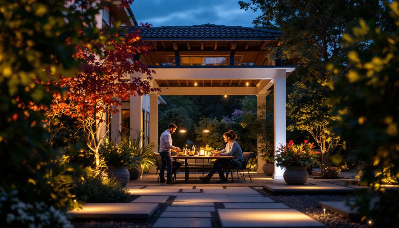 A photograph of a well-lit outdoor setting showcasing dusk to dawn lights in action