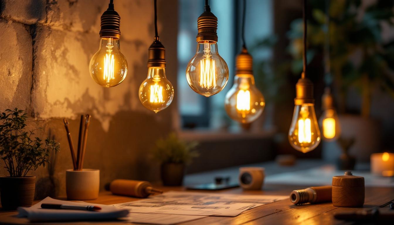 A photograph of a beautifully styled retro bulb lighting setup in a cozy