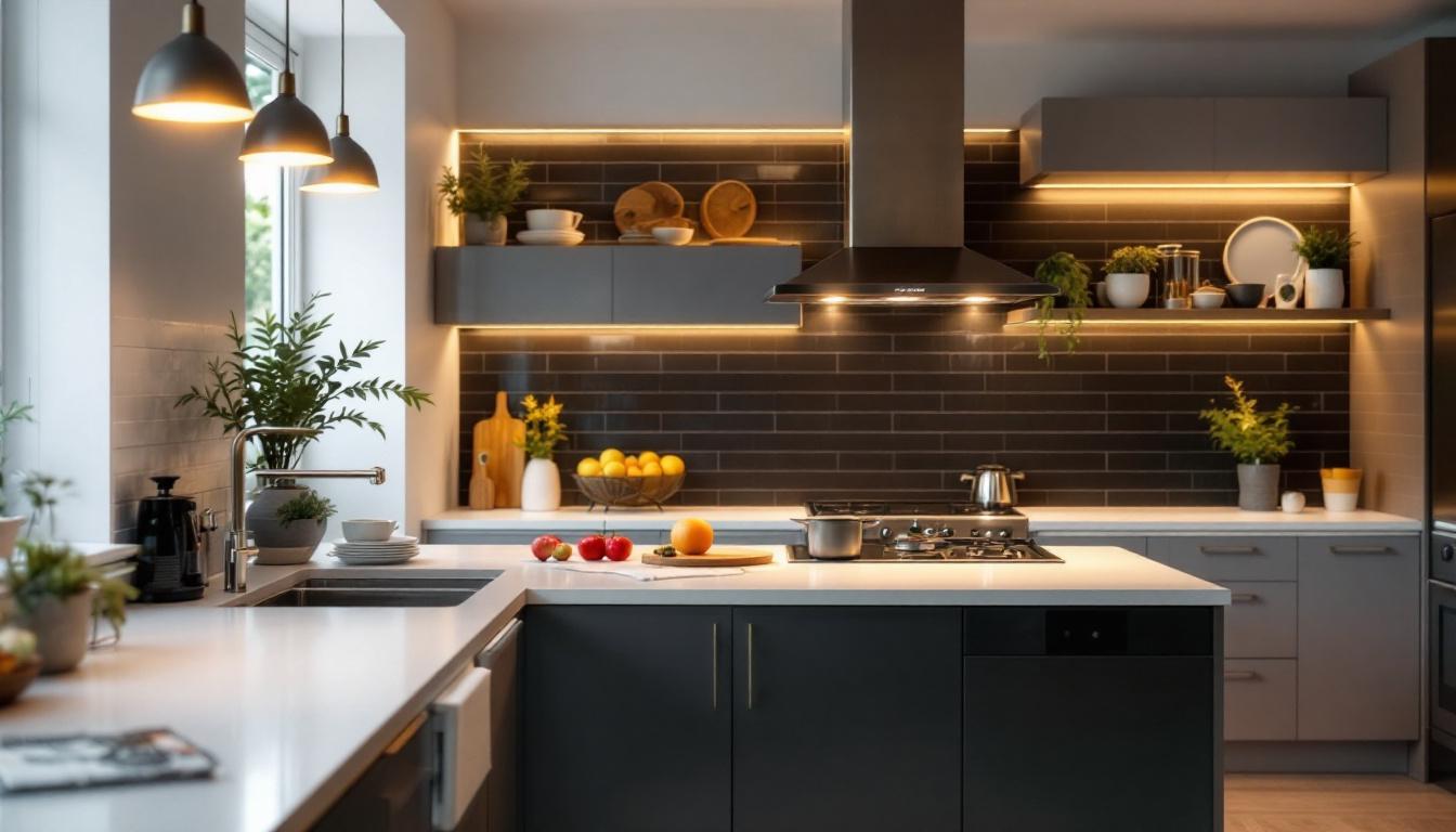 A photograph of a beautifully designed kitchen featuring well-placed canned lights that highlight the space