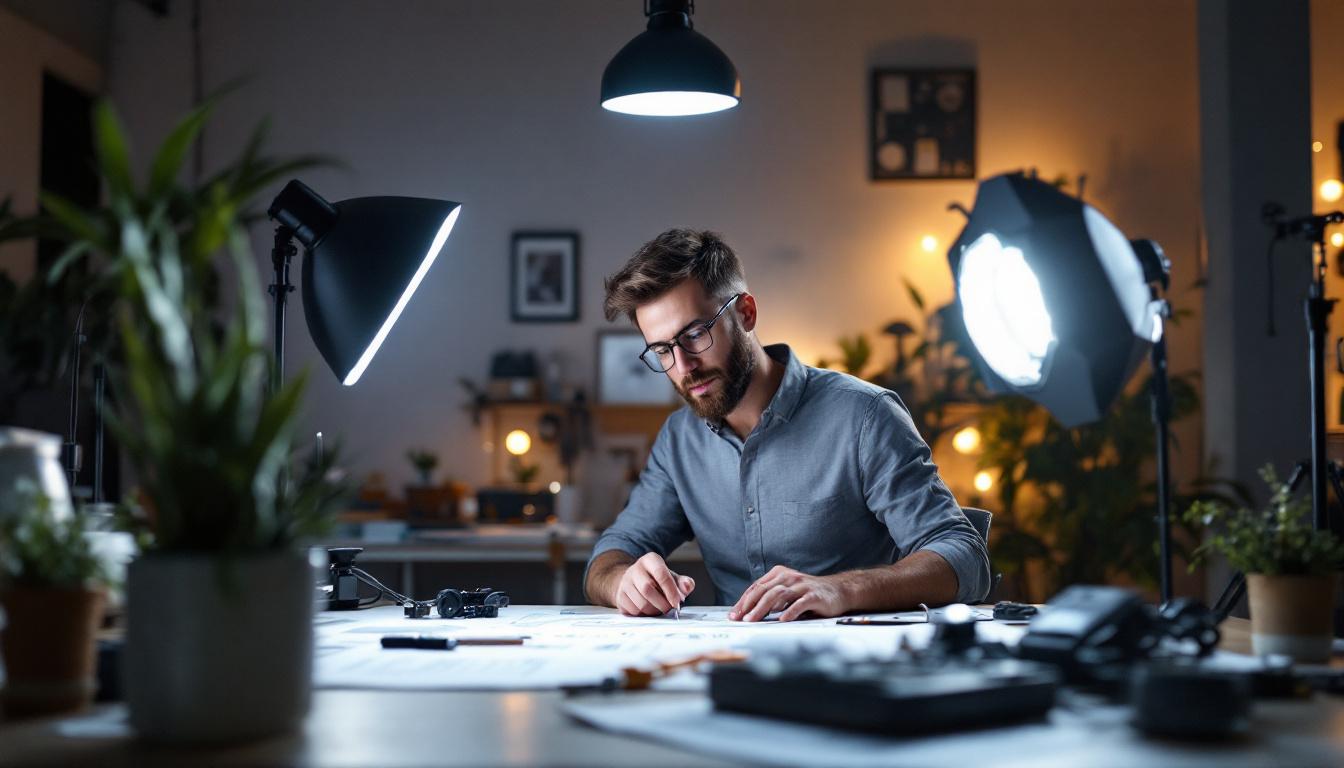 A photograph of a well-lit workspace featuring an engineer reviewing led 3 light setups