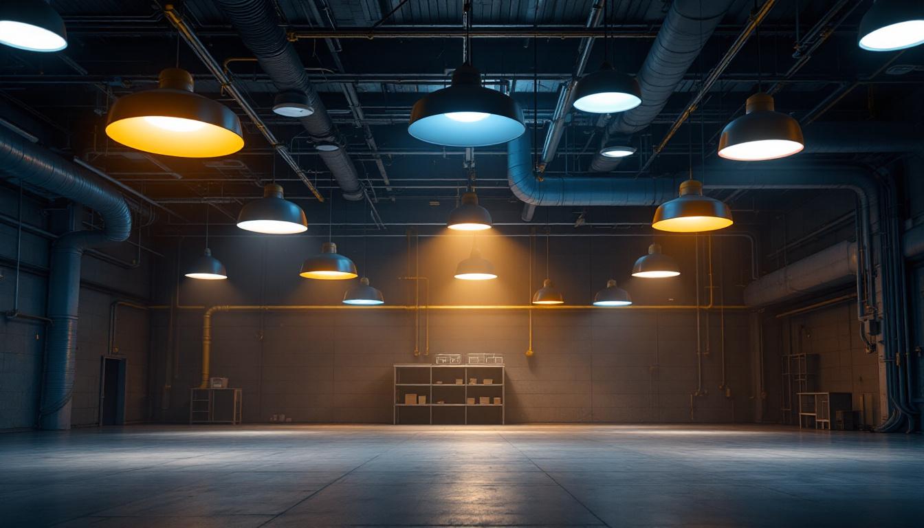 A photograph of a well-designed large-scale lighting installation in an industrial or commercial setting