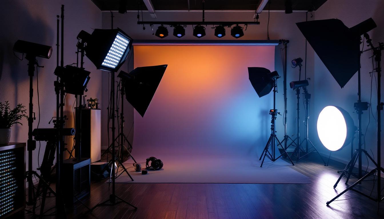 A photograph of a well-lit studio setup showcasing various led lighting configurations