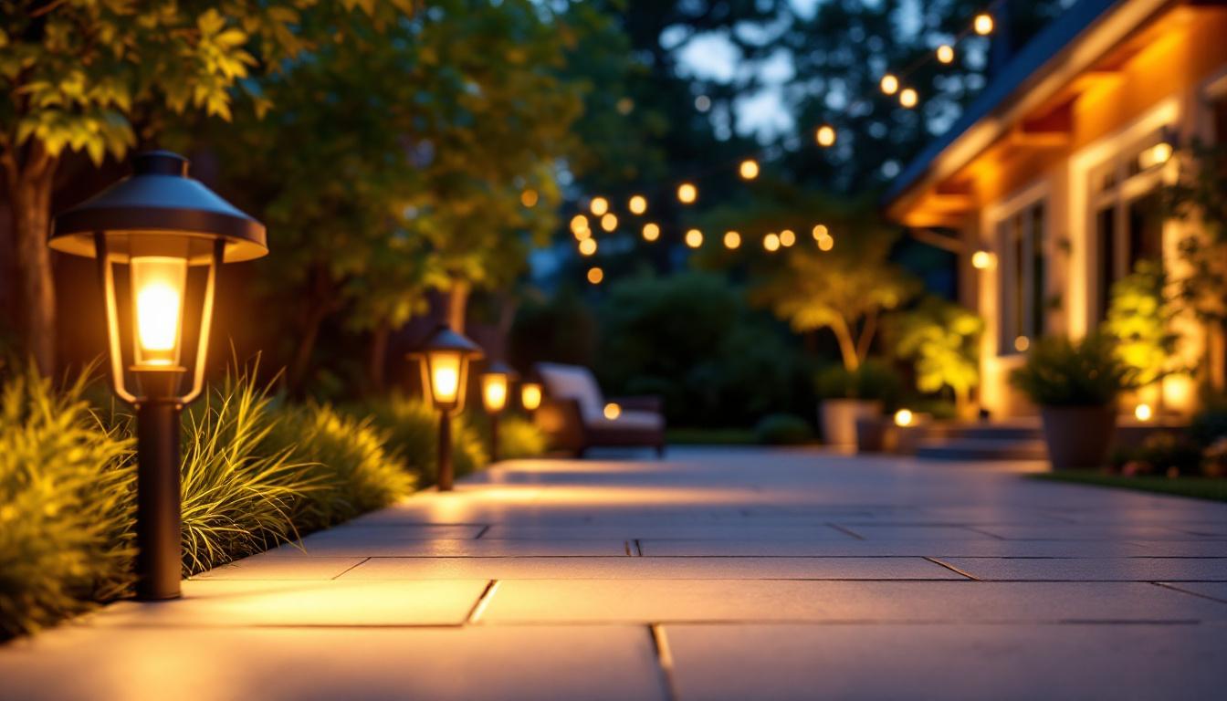 A photograph of a beautifully illuminated outdoor space featuring various landscape lighting fixtures