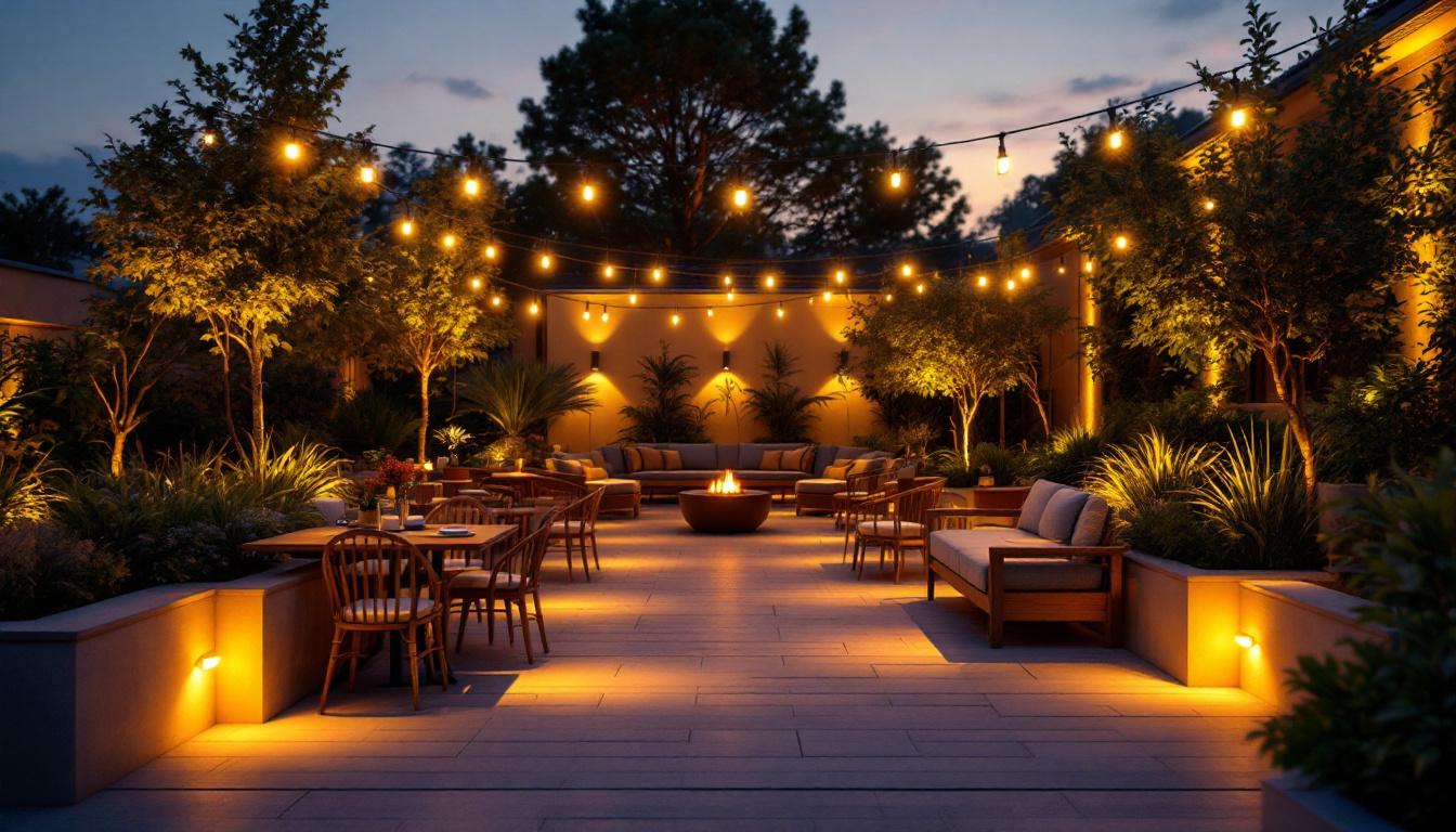A photograph of a beautifully illuminated outdoor space featuring various led lighting designs