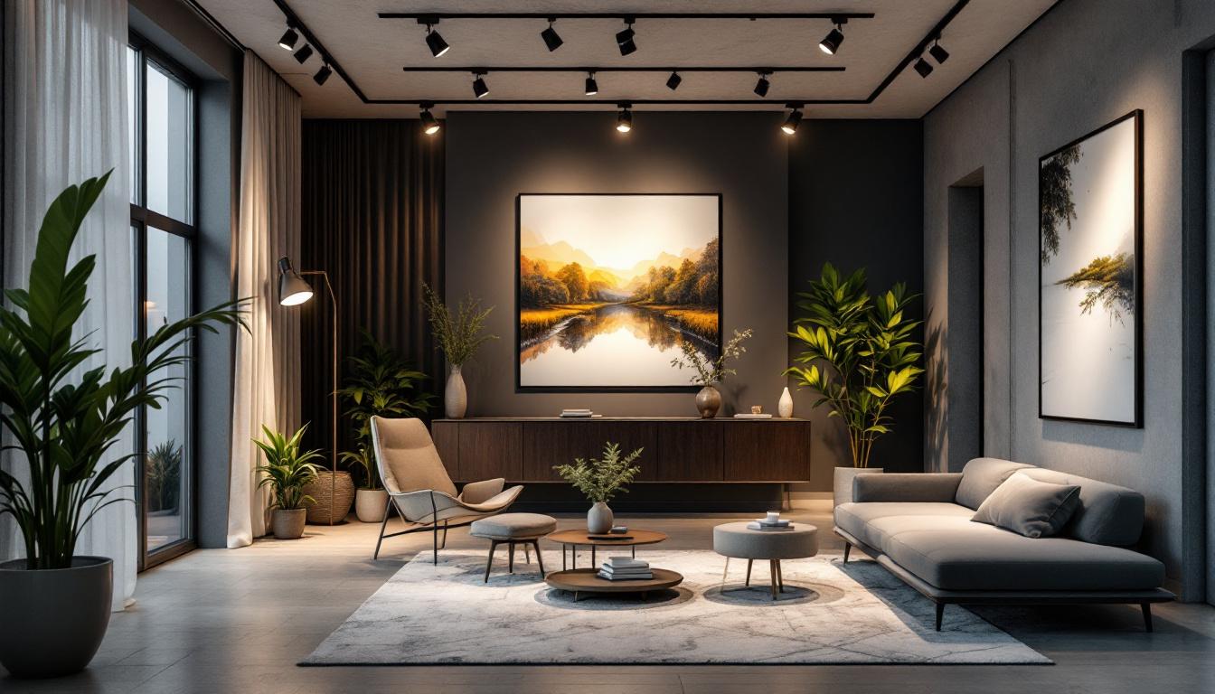 A photograph of a stylishly designed interior space featuring track lighting in action
