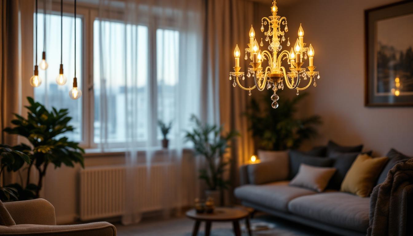 A photograph of an elegant yet affordable chandelier illuminated in a stylish interior setting