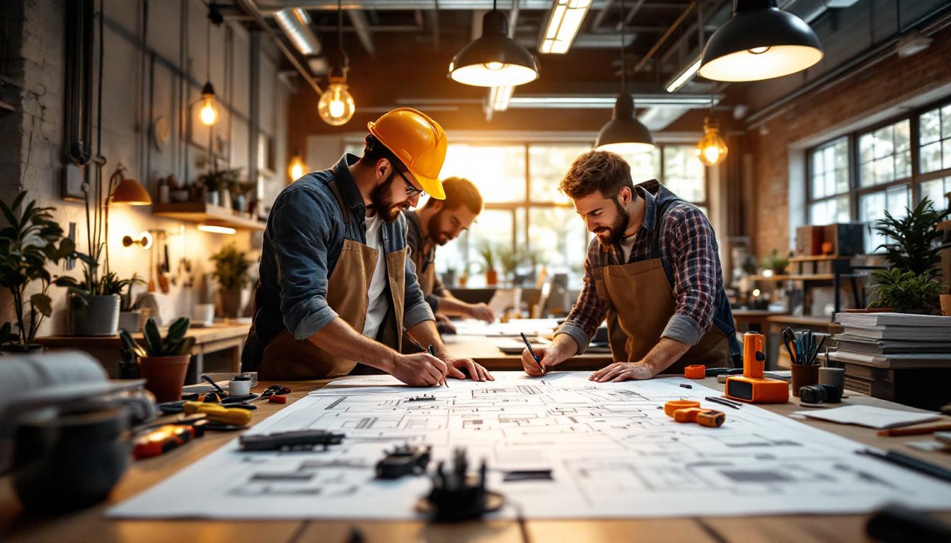 A photograph of a well-lit workspace featuring electrical engineers collaborating on lighting design