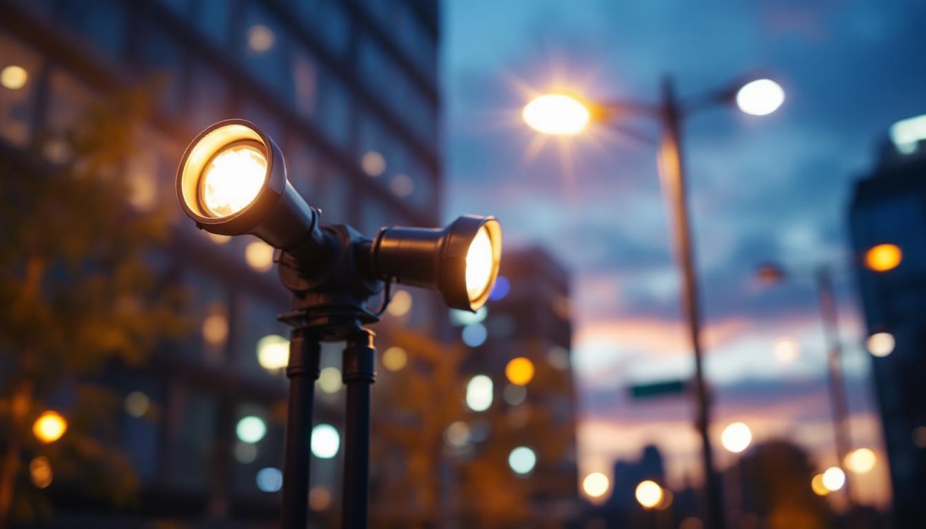 A photograph of a close-up of hid (high-intensity discharge) lights in a modern urban setting