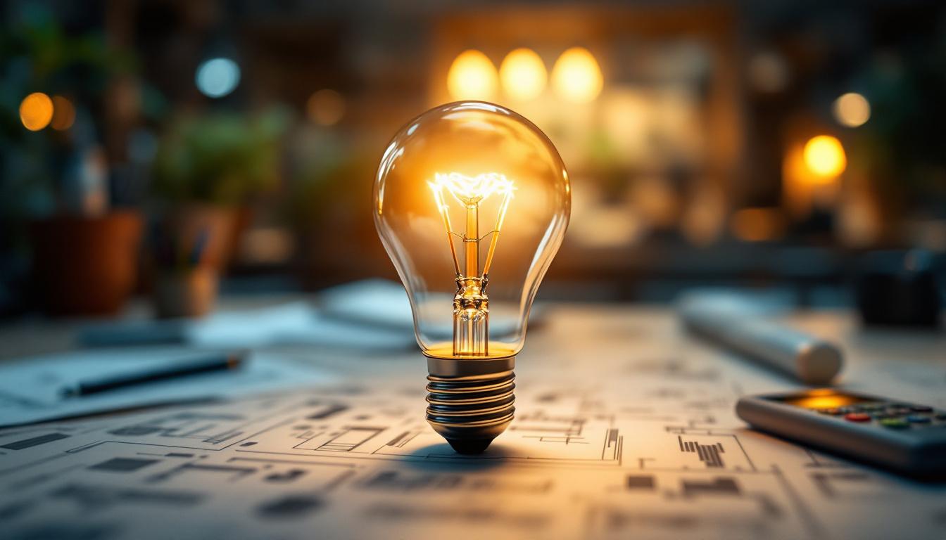 A photograph of a close-up shot of an led bulb illuminating a modern workspace