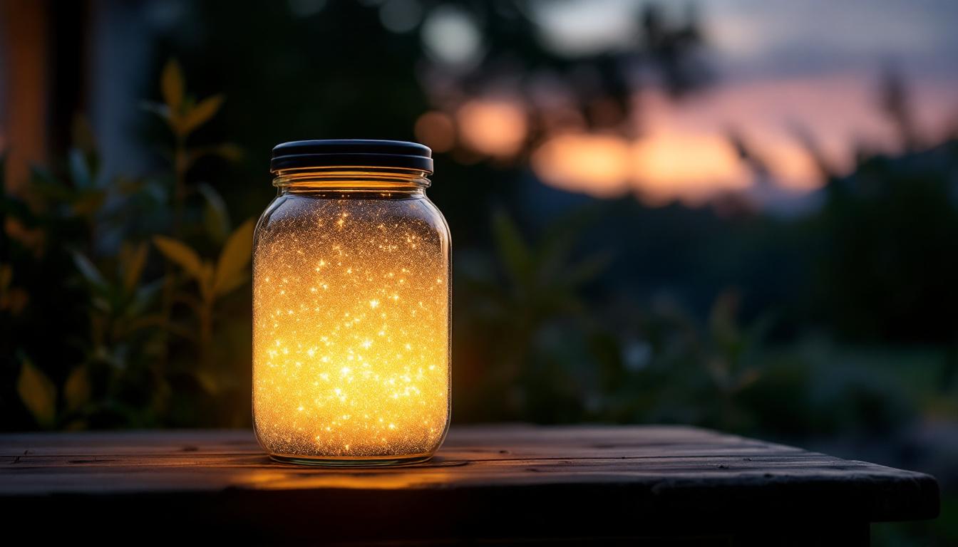 A photograph of a beautifully designed solar-powered jar lamp glowing softly in an outdoor setting at dusk