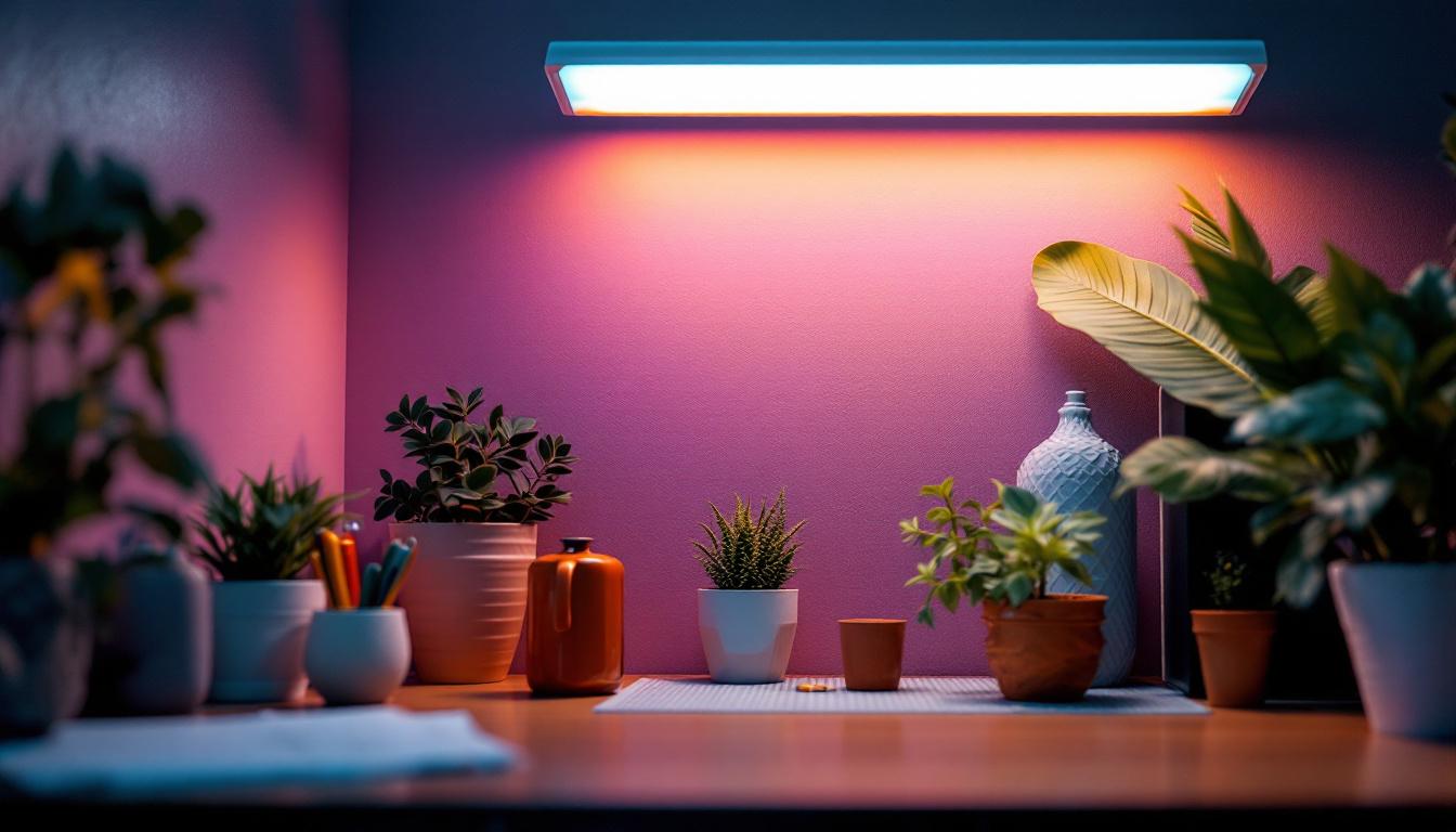 A photograph of a brightly lit workspace featuring a daylight fluorescent lamp in use