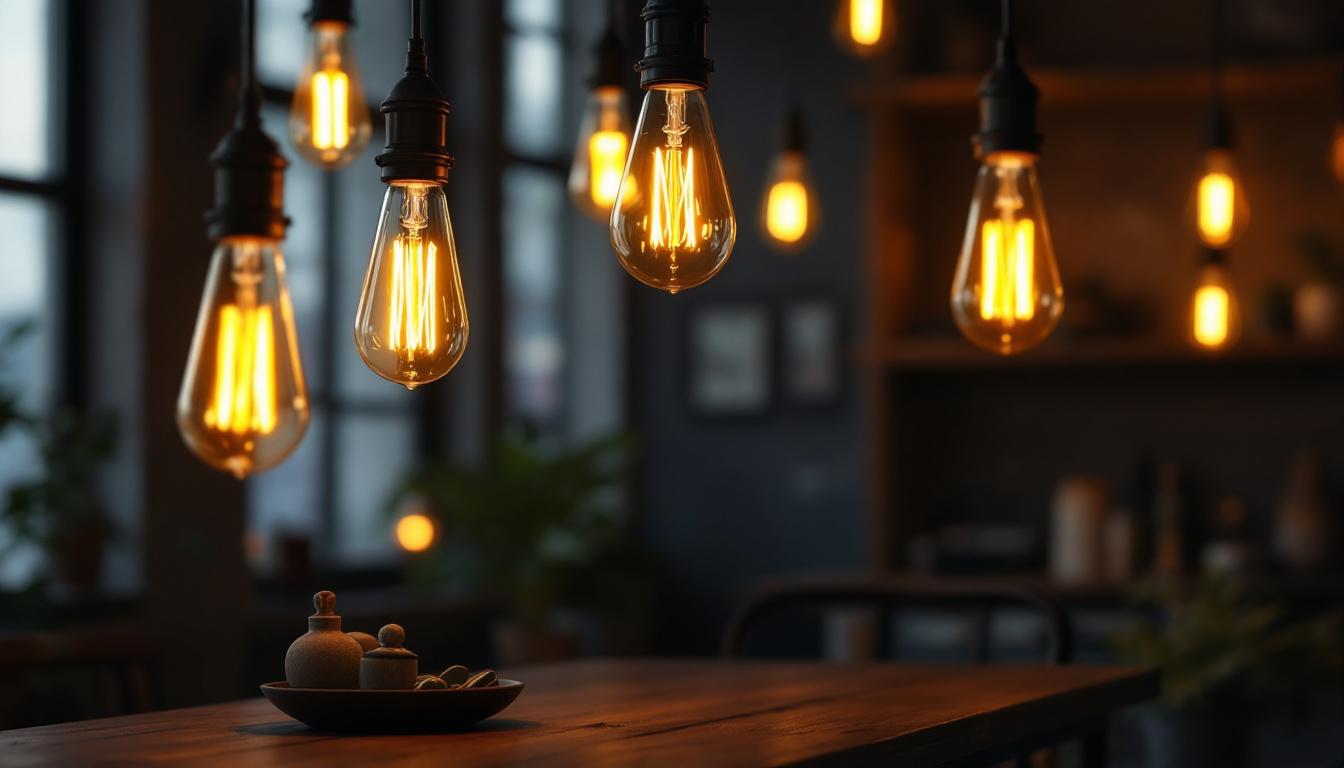 A photograph of a stylish interior setting featuring light bulbs that resemble vintage gas lamps