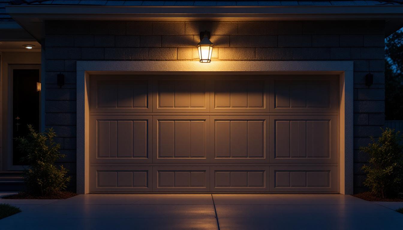 A photograph of capture a photograph of a well-lit exterior garage door featuring an aesthetically pleasing light fixture above it