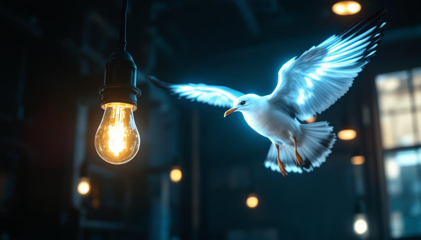 A photograph of a striking seagull light fixture in an industrial or urban setting