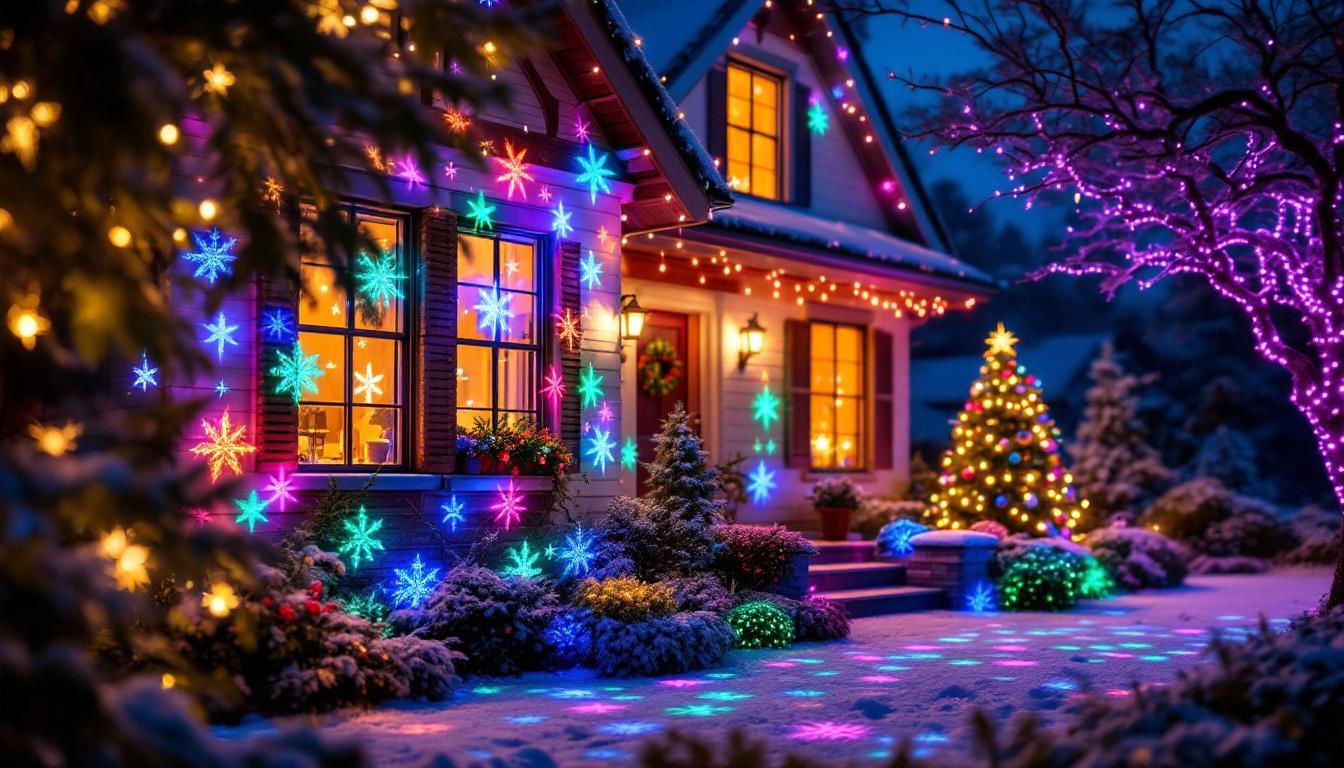 A photograph of a cozy holiday scene featuring a beautifully illuminated home exterior adorned with colorful xmas projector lights