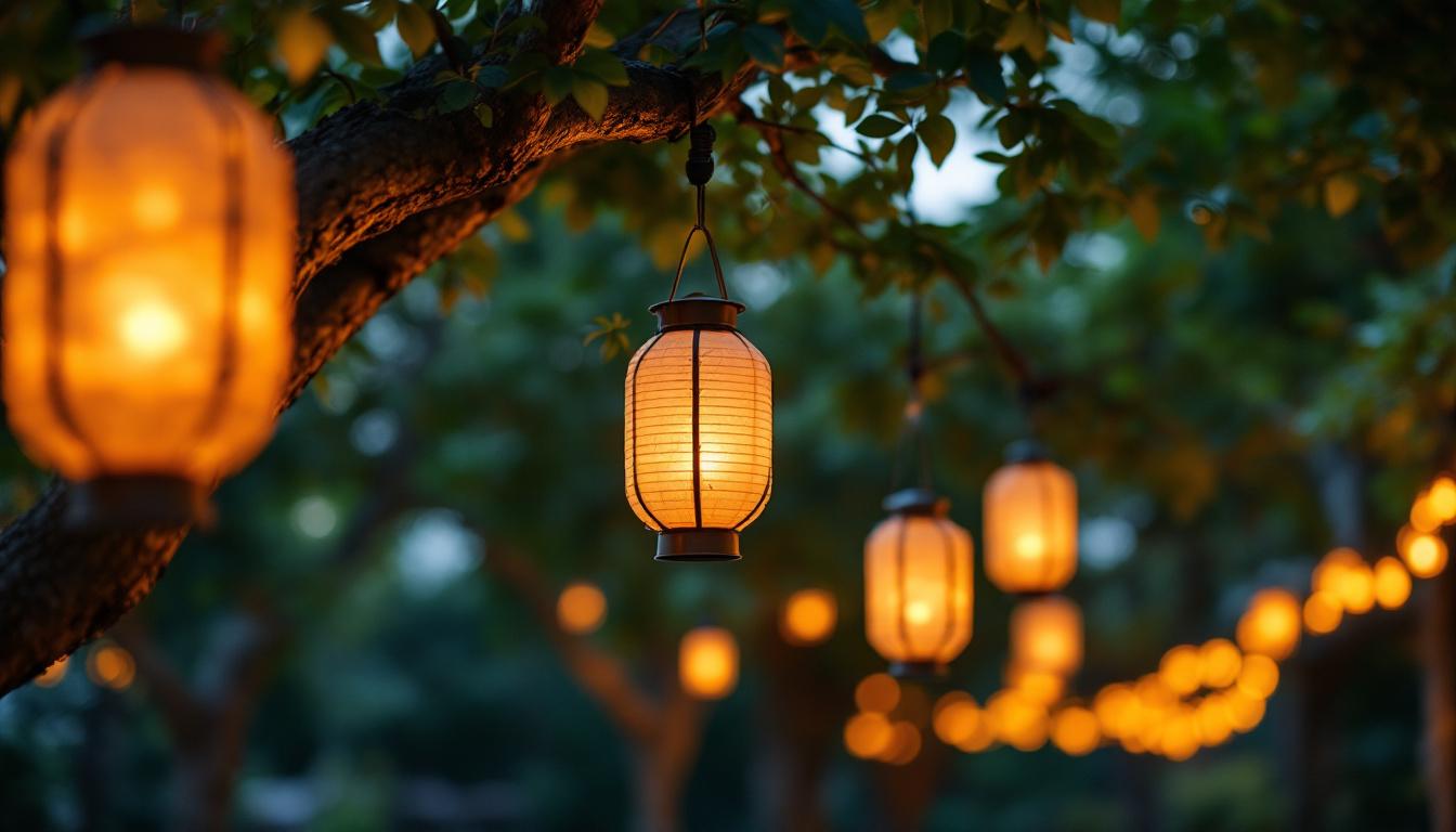 A photograph of a beautifully arranged outdoor setting featuring hanging tree lanterns illuminated at dusk