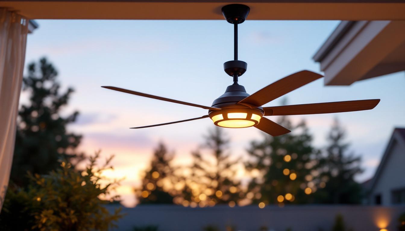 A photograph of a large outdoor ceiling fan with integrated lighting in a beautifully designed patio setting