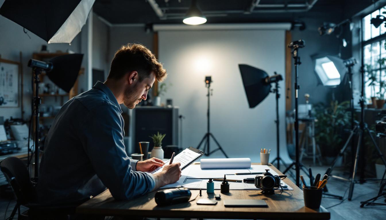 A photograph of a well-organized lighting setup in a studio or outdoor environment