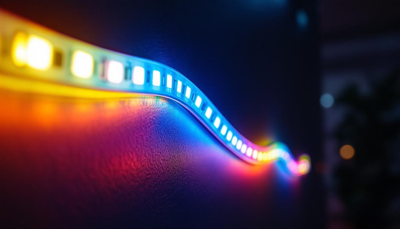 A photograph of a close-up shot of vibrant led tape lighting installed in a modern interior setting