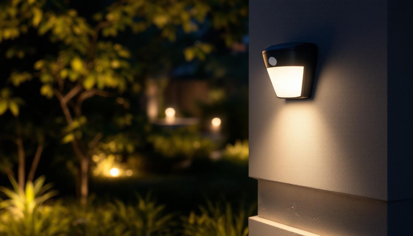 A photograph of a motion-activated outdoor light in action