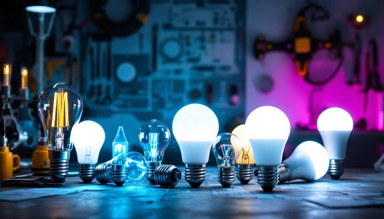 A photograph of a variety of led light bulbs arranged aesthetically on a workbench