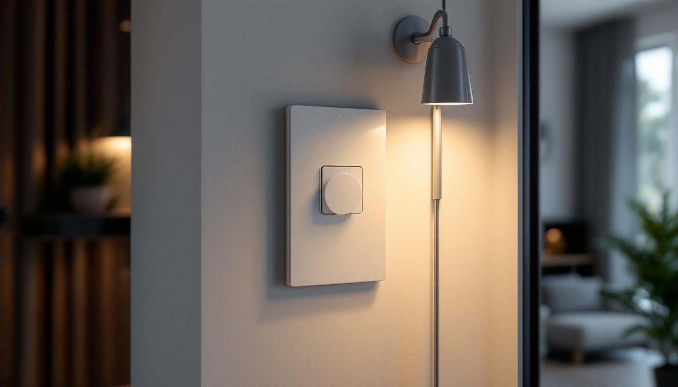 A photograph of a modern dimmer switch installed alongside stylish pot lights in a well-designed living space
