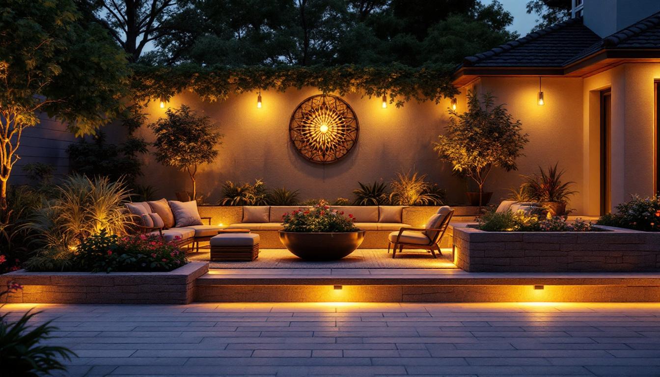A photograph of a beautifully designed inset patio lighting installation at dusk