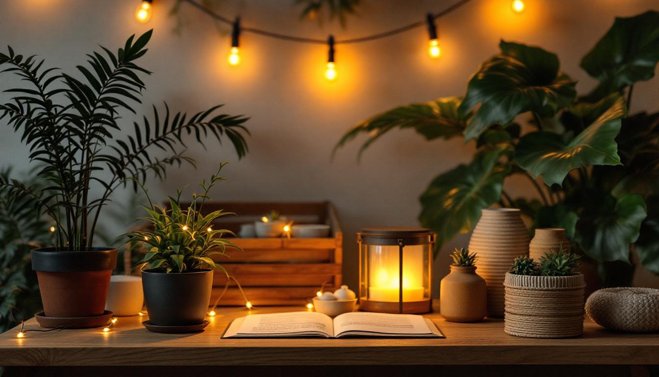 A photograph of a beautifully arranged sustainable lighting setup featuring a 6-foot cord