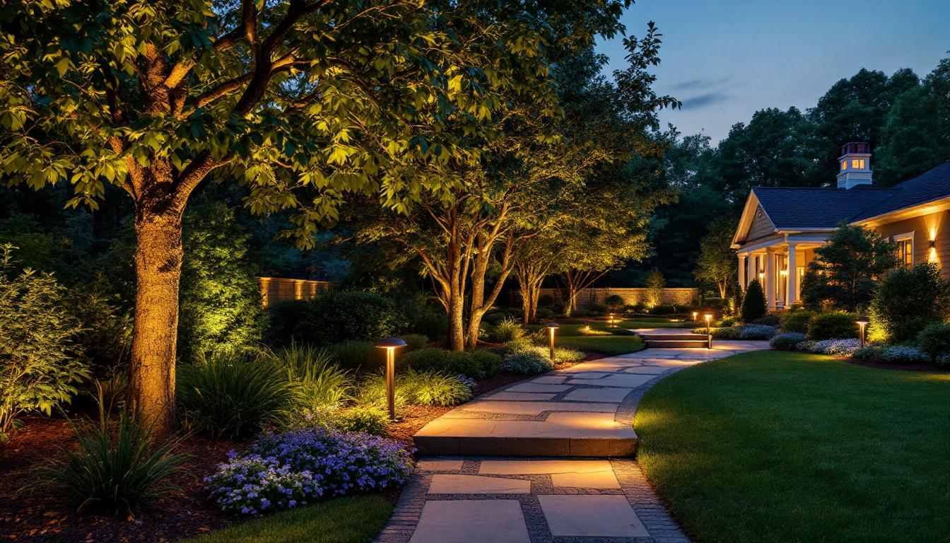 A photograph of a beautifully illuminated outdoor landscape featuring various styles of landscape lighting fixtures
