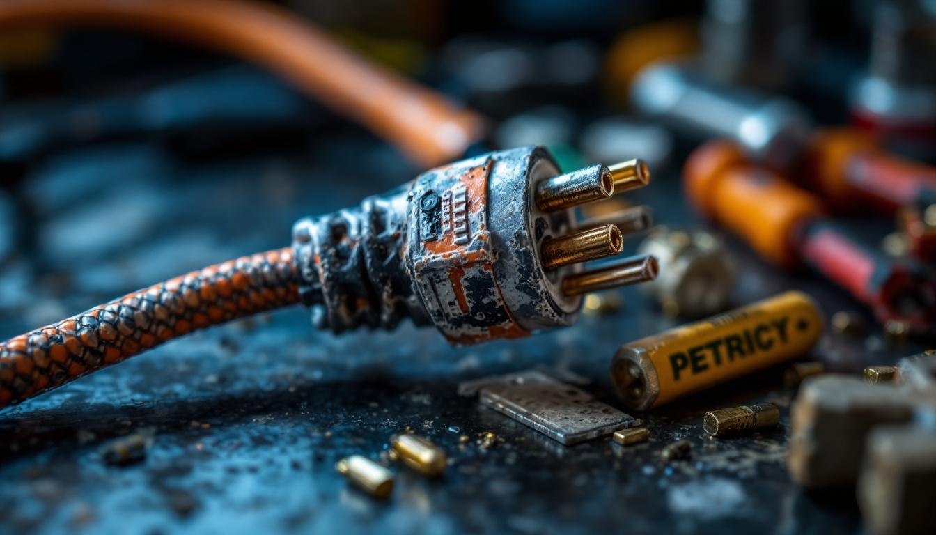 A photograph of a close-up of a 120-volt electrical cord with visible wear and tear