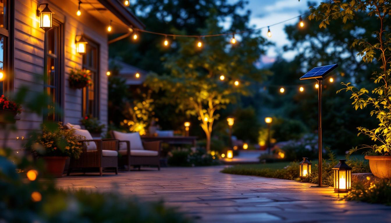 A photograph of capture a photograph of a beautifully illuminated patio at dusk
