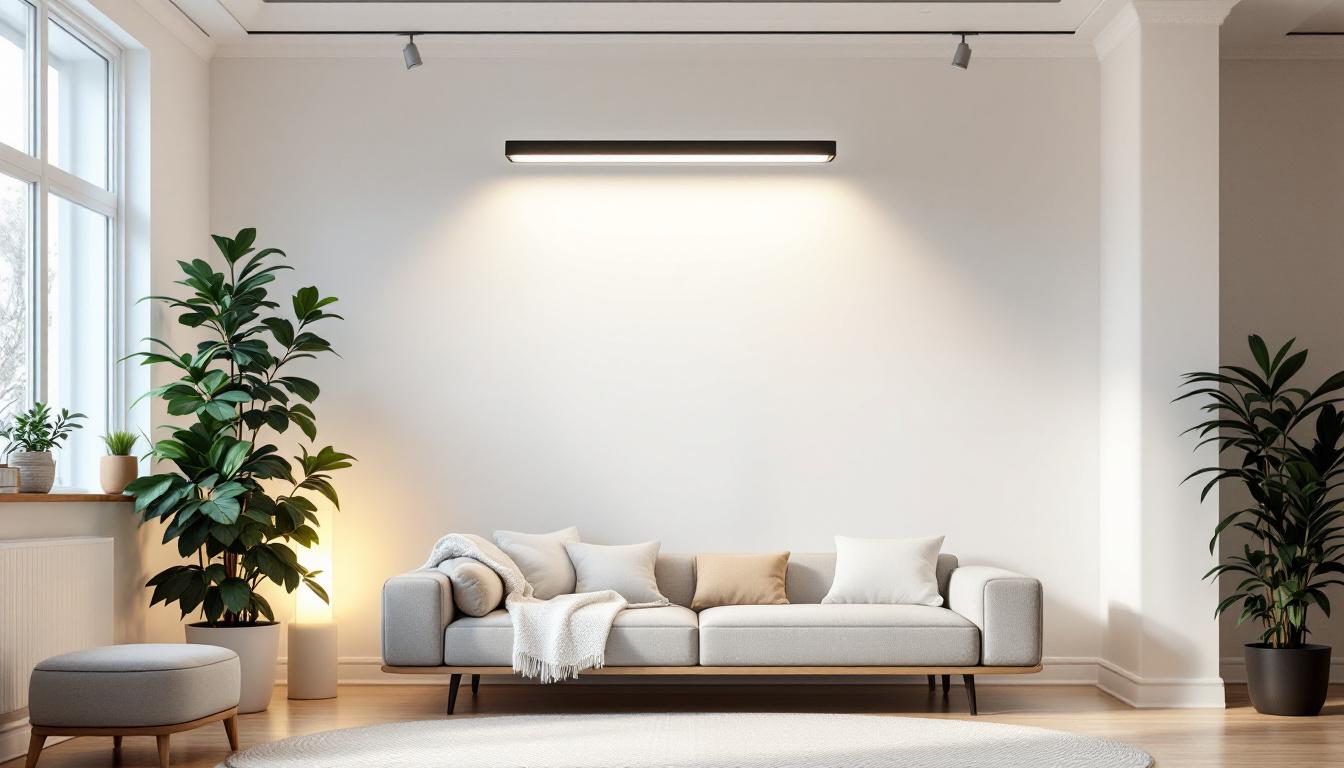 A photograph of a well-lit indoor space featuring a sleek 48-inch led light fixture installed in a modern setting