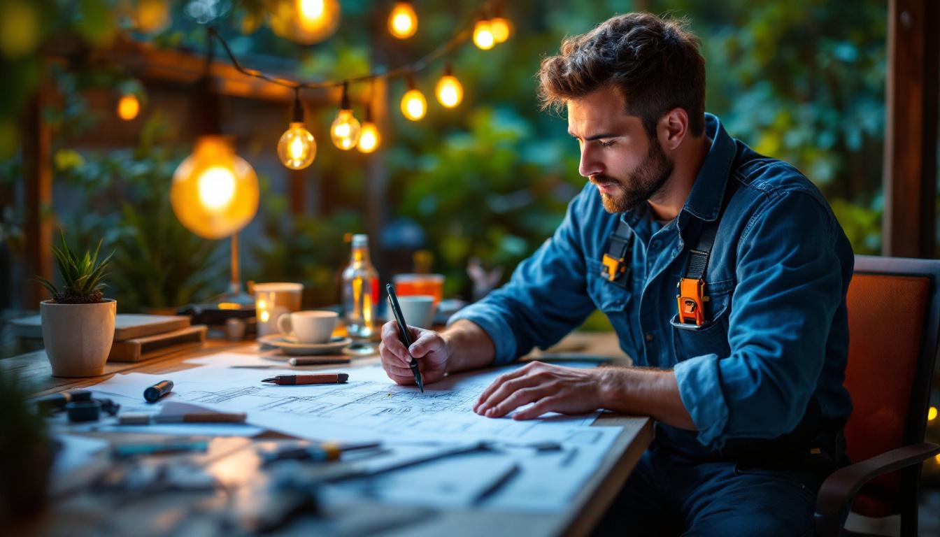A photograph of a skilled electrical engineer meticulously designing an outdoor string lighting layout